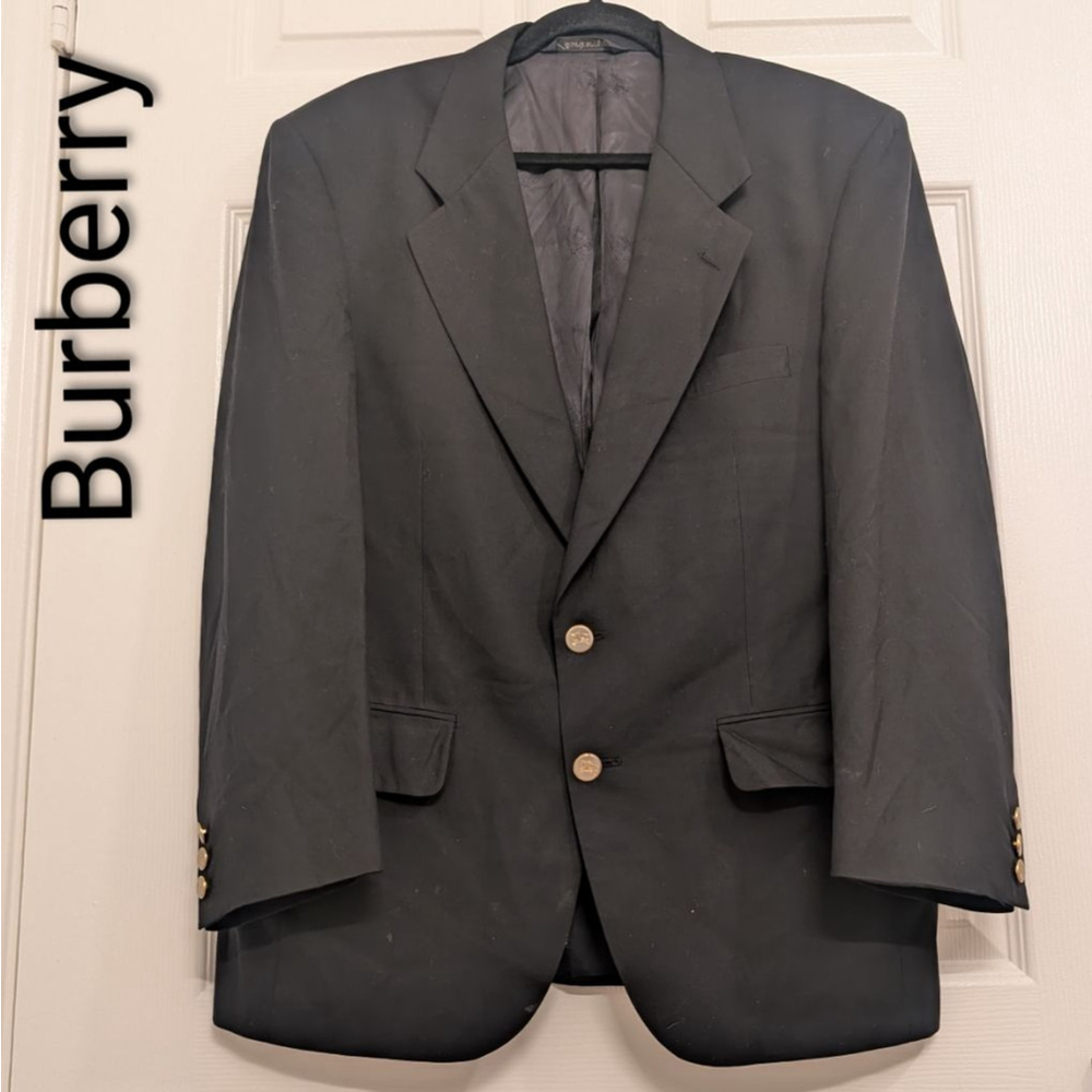 Burberry Luxury Wool Blazer Men's 44R Black Sport Coat Gold Crest Buttons